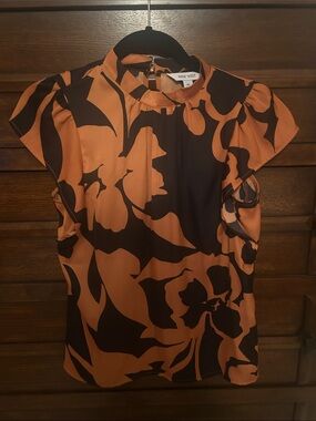 Nine West Black and Orange Floral Flutter-Sleeve Top
